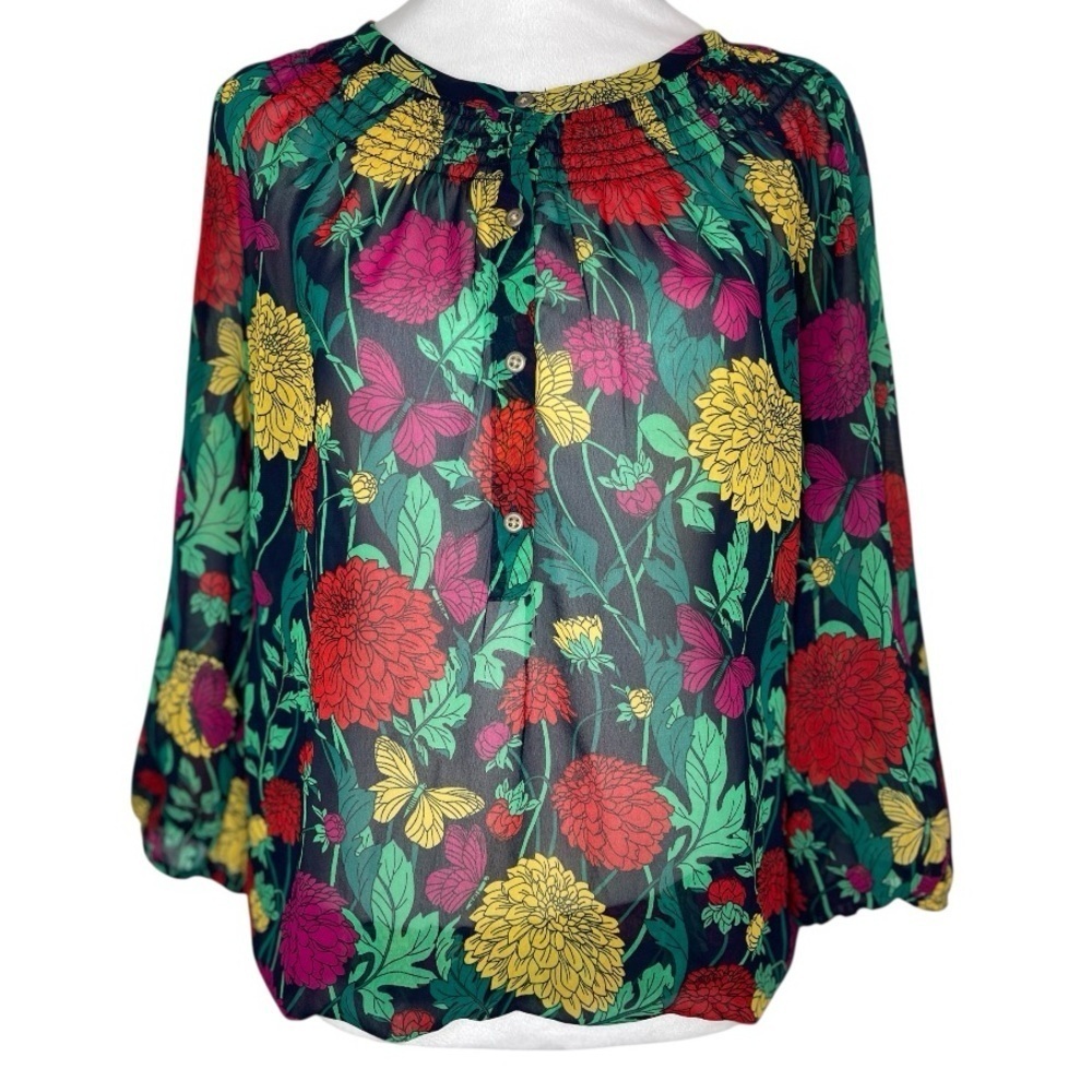 Banana Republic Smocked Multi Color Floral Sheer Henley Blouse Size Medium